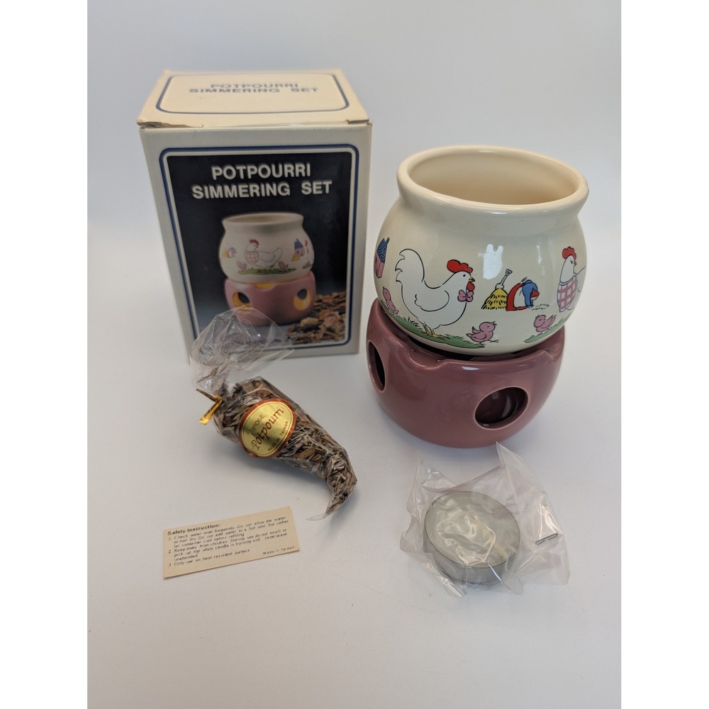 Potpourri Simmering Set Ceramic Chicken Farmhouse Mauve Cream Box Vintage Candle